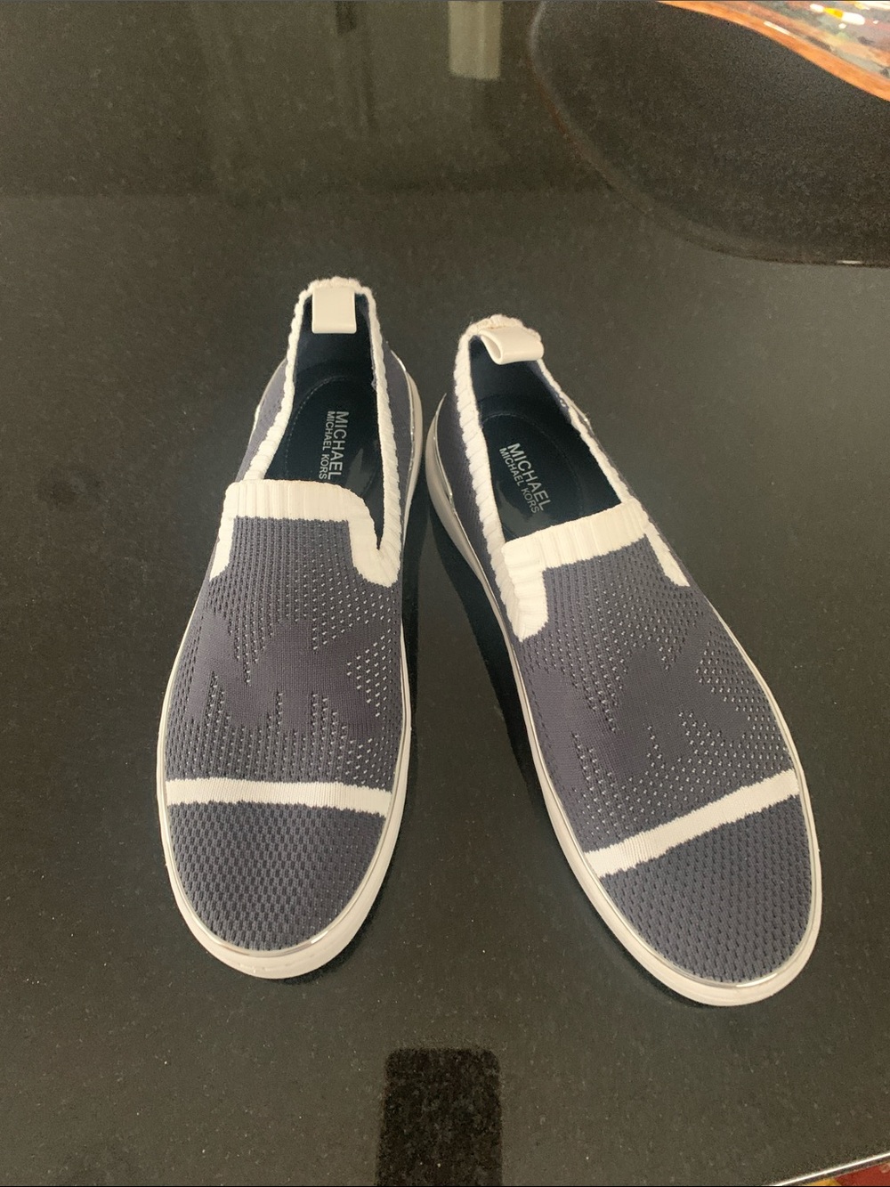 Michael Kors Navy and White Slip-On Knit Sneakers